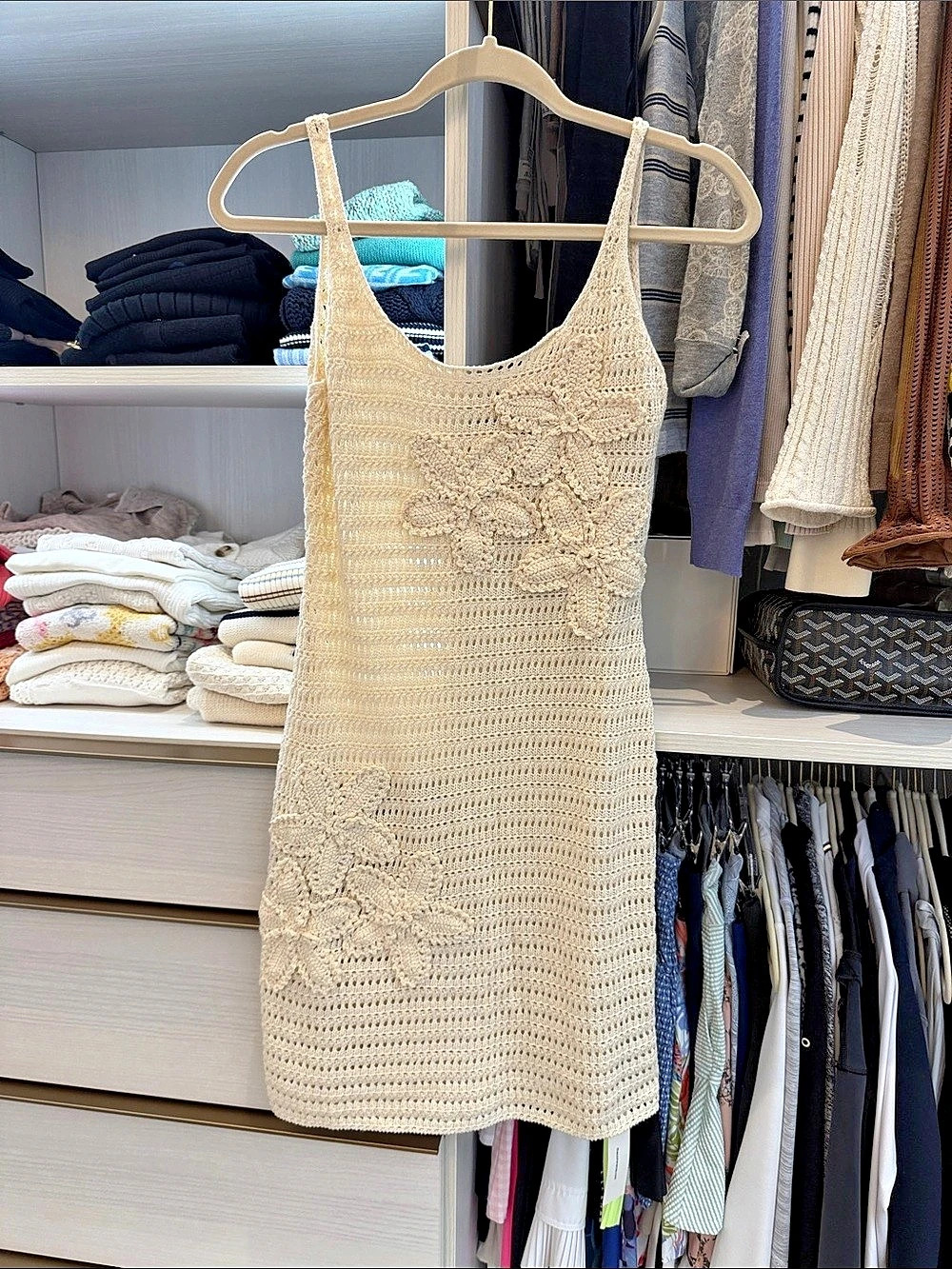 Commense 3D Flower Crochet Knit Cami Mini Dress Cream Small